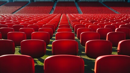 Fototapeta premium 2410 66.A classic British football ground, featuring 25,000 bright red seats arranged in perfect rows around the pitch. The stadium's design is modern yet simple, with the sea of red seats creating a