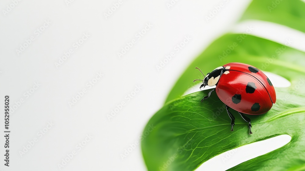 Poster ladybug on a leaf, isolated to emphasize the contrast between red and green