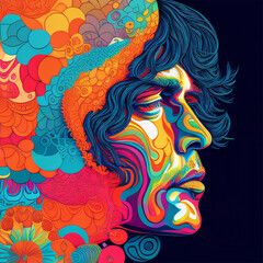 Abstract female silhouette cosmic world emerging floral botanical psychedelic aesthetic visionary art stippling design fantasy surrealism sci-fi,retro,vintage,eye,face,dream,mental health,status,