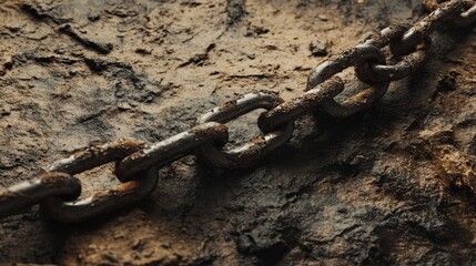 2410 57.A heavy metal chain, worn and rusty, lying across a rugged ground surface. The old, corroded metal links contrast with the earthy texture of the dirt below, creating a sense of abandonment