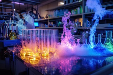 A laboratory scene with colorful acid reactions in glass beakers and test tubes, liquid splashes, scientists in lab coats observing, safety equipment visible, high-tech equipment in the background