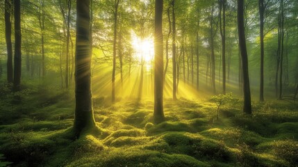 Fototapeta premium 2410 81.The morning sun breaks through a dense mist in a vibrant spring forest, casting beams of ethereal light that filter through the branches. Dew-covered leaves glisten in the soft sunlight,