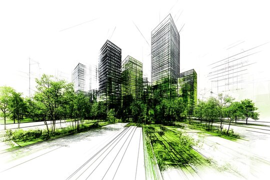 Fototapeta Cityscape Sketch with Green Space