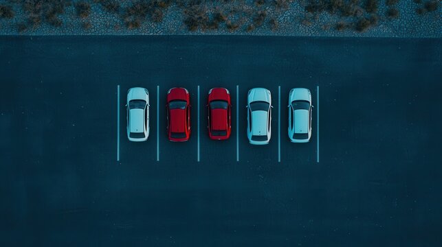 Aerial view of five parked cars in a well-defined parking lot, featuring a mix of colors and ample empty spaces around them.