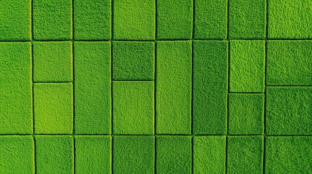 A vibrant patchwork of green grass squares, showcasing a lush, manicured landscape from an aerial perspective.