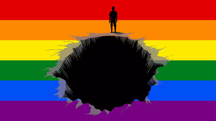 A Person Standing on the Edge of a Crater on a LGBTQ Pride Flag