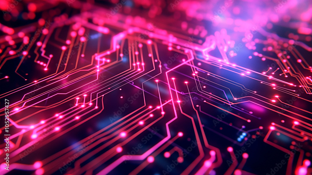 Poster glowing neon circuit board highlighting modern technology infrastructure. high-tech microchip connec