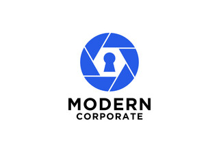 Security Logo. Shield Camera with Padlock Icon Inside.