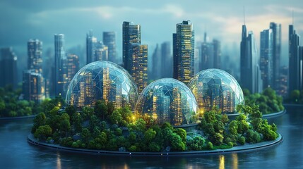 Futuristic city with three bio-domes on a lush island surrounded by water and skyscrapers in the background.