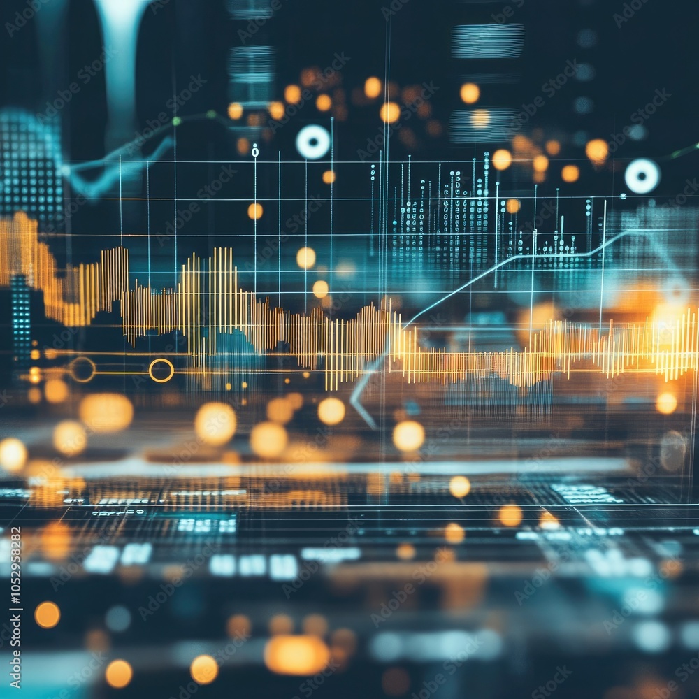 Poster a digital graphic showcasing financial data analysis with dynamic charts, glowing elements, and a mo