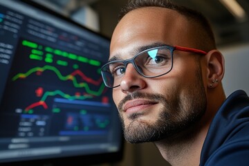 An engineer monitoring automated machinery on a digital screen, showing factory metrics and efficiency stats
