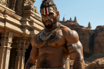 Obraz premium Hanuman as a protector, standing guard in front of a temple, with a fierce look and a protective stance