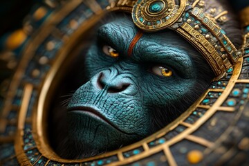 Obraz premium Hanuman depicted in traditional Indian artwork, with golden ornaments, holding a mace, and a serene expression