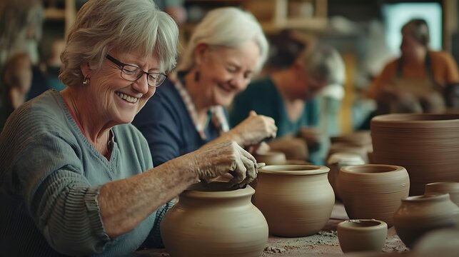 A joyful group of older women engaging in pottery, skillfully shaping clay pots in a cozy, creative workshop setting.