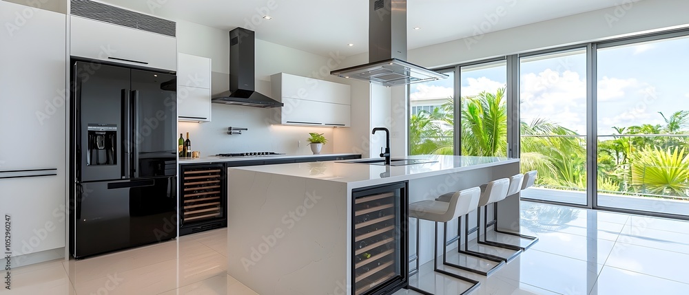 Aufkleber elegant watercolor inspired open kitchen design featuring a large island with seating glossy black r