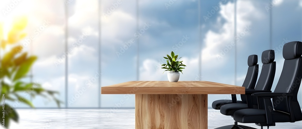Poster Orderly and Minimalist Office Space with Rectangular Wooden Table and Perfectly Aligned Black Chairs in a Soft Watercolor Painting Style