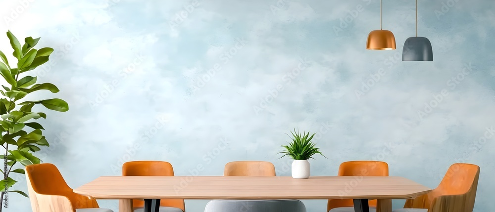 Aufkleber Tranquil top down view of a professional meeting room with an elegant oak table and chairs arranged in a symmetrical pattern captured in a soft watercolor style conveying a sense of sophistication and