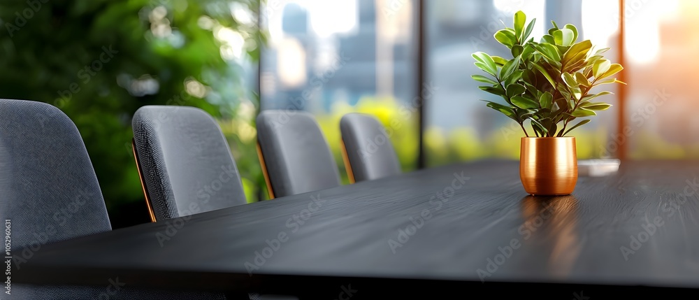 Poster top view of a sophisticated corporate meeting area featuring a dark wooden table and stylish gray chairs lined up in a row