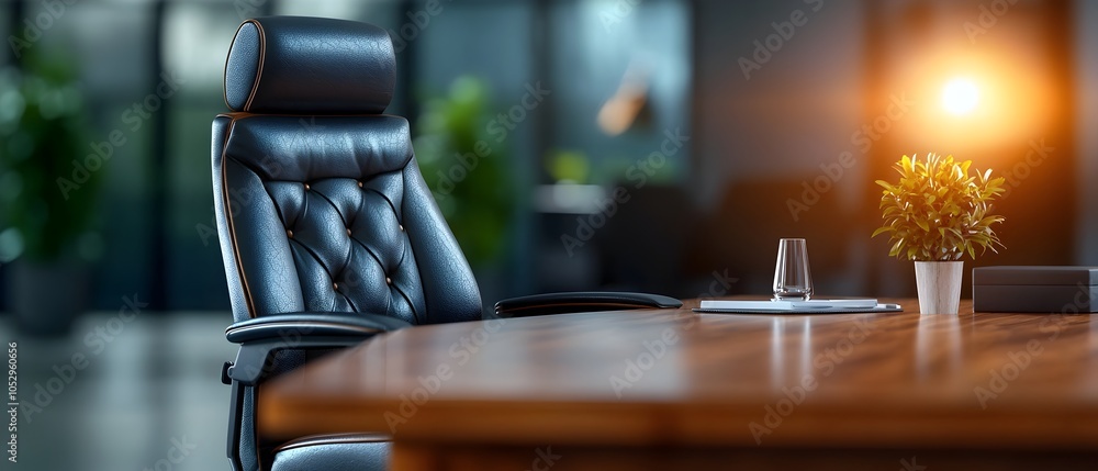 Poster Sophisticated Watercolor Rendering of a Spacious Boardroom with a Classic Wooden Table Modern Leather Chairs and Delicate Soft Lighting Creating a Warm