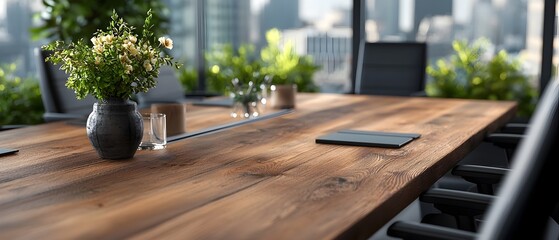 Sophisticated boardroom setting featuring a long rustic wood table black office chairs and minimal decor in a soft watercolor inspired ambiance creating a clean and professional workspace