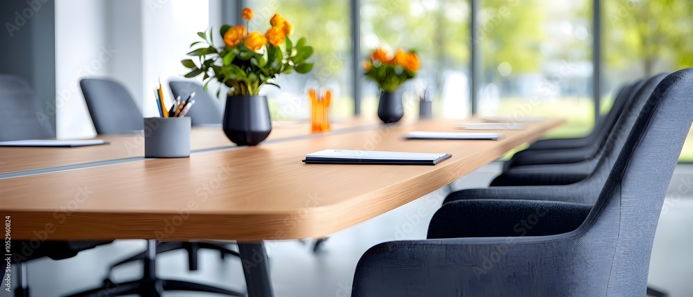 Poster High angle view of a modern and minimalist meeting room interior with a rectangular wooden table and gray chairs arranged in a line on both sides