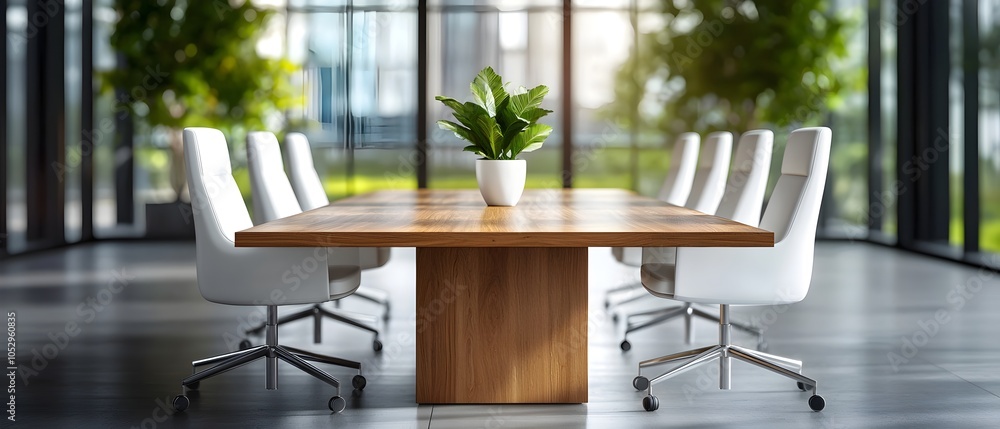 Poster A high angle view of an elegant modern meeting room featuring a polished wooden table and symmetrically arranged white chairs with a serene watercolor like effect