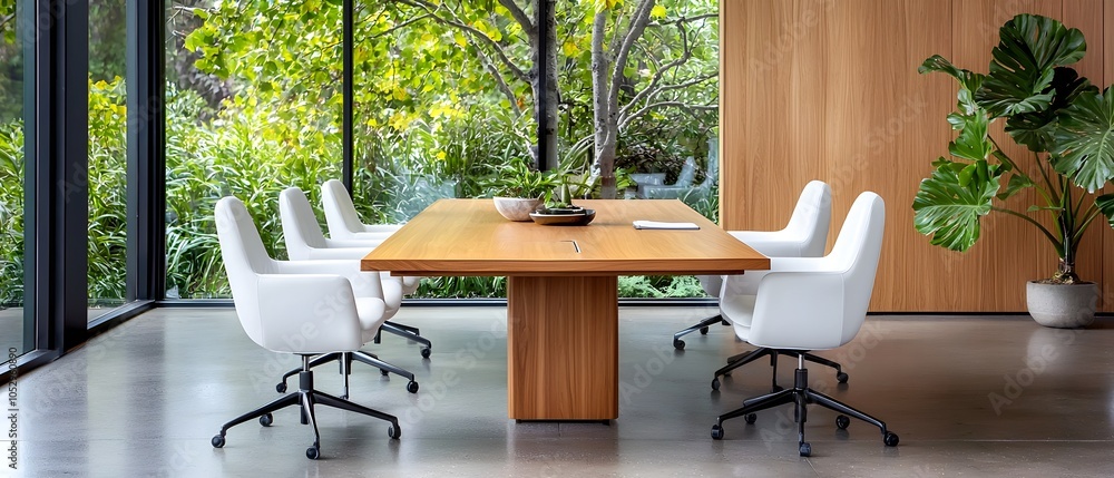 Poster High angle view of an elegant and symmetrical meeting space featuring a polished wooden table surrounded by modern white chairs arranged in perfect harmony