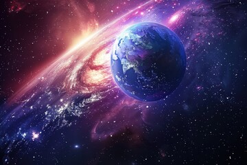 Earth from Space with Vibrant Nebula and Glowing Stars