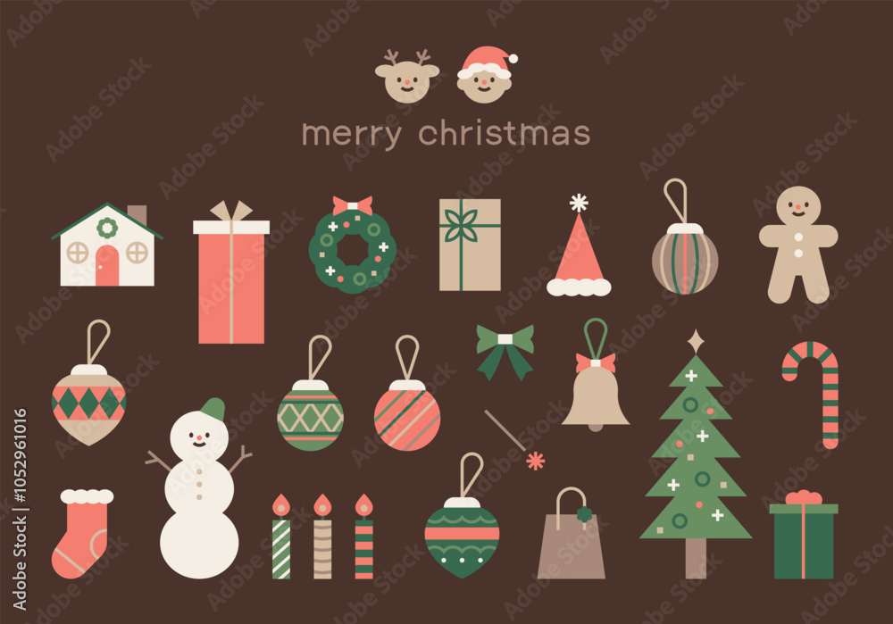 Poster christmas decorations and symbolic objects. outline simple vector illustration.