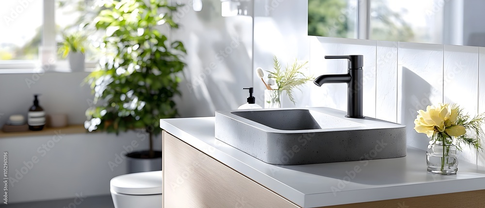 Fototapete elegant minimalist bathroom design featuring a concrete sink and matte black faucet set against a wh