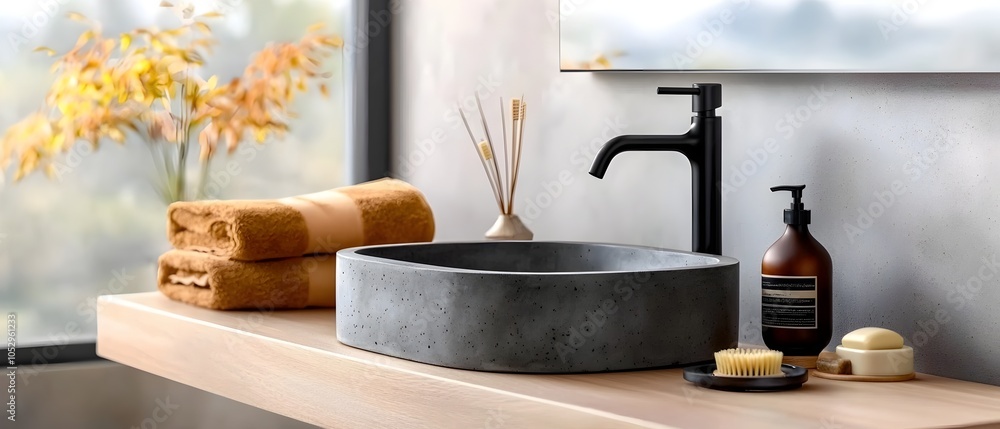 Poster a modern bathroom featuring a sleek concrete sink black hardware and smooth surfaces in warm waterco