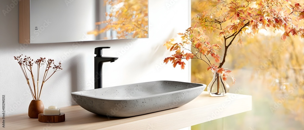 Poster luxurious modern bathroom featuring a concrete sink sleek black hardware and smooth surfaces in warm