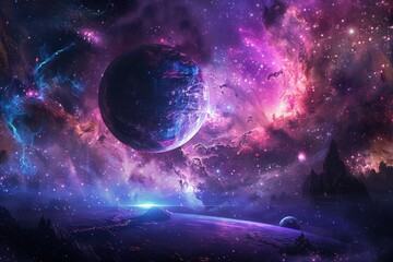 Glowing Purple Planet and Nebula in Deep Space
