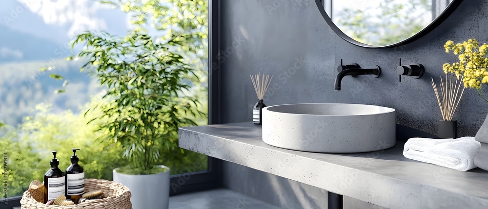 Poster luxurious minimalist bathroom design featuring a stunning concrete countertop sink and sleek black h