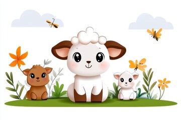 Obraz premium a 2D cartoon illustration of a cute lamb sitting in the grass springtime vibes white background