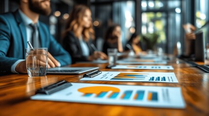 Business Meeting with Charts and Graphs on a Wooden Table