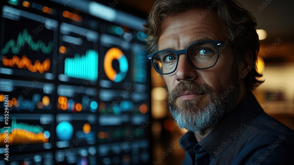 Poster a man with a beard gazes at charts on a computer screen