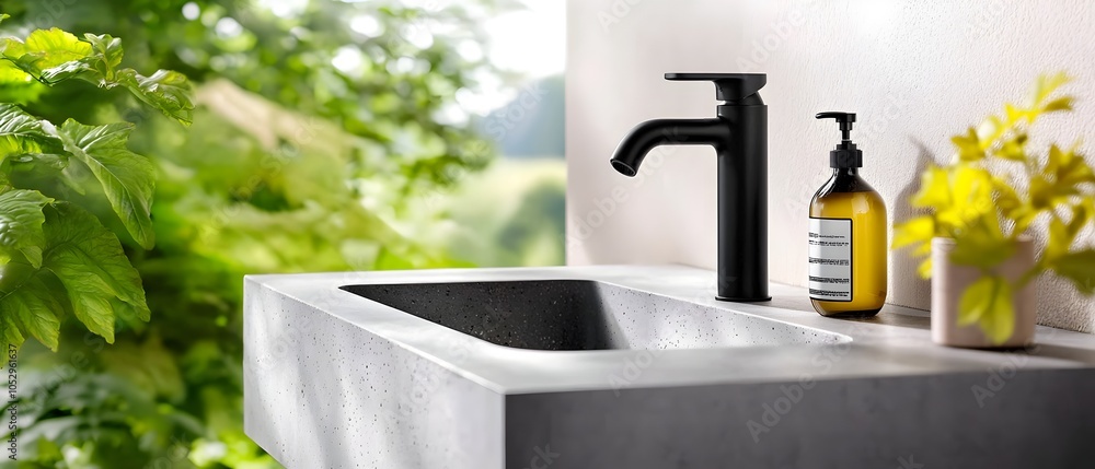 Poster minimalist concrete sink with matte black faucet and smooth surfaces rendered in soft watercolor lik
