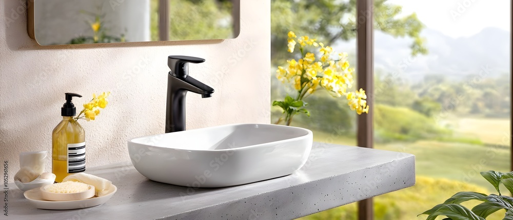 Poster elegant and tranquil minimalist bathroom design featuring a concrete sink countertop with a matte bl