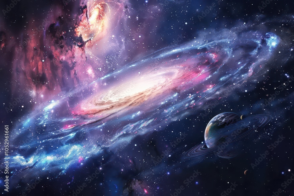 Canvas Prints glowing spiral galaxy with a blue and purple hue and a planet with rings floating in space.