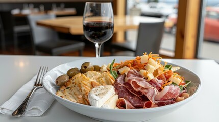 Antipasto salad with cured meats, cheeses, and olives, Salad photography