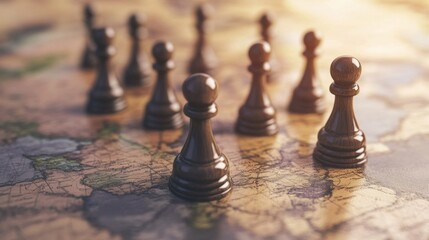 Chess Pawns Strategizing on a World Map Surface
