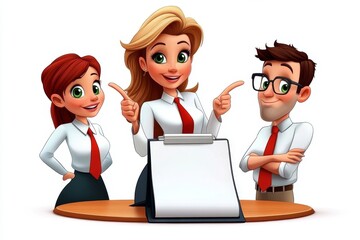 Fototapeta premium a 2D cartoon illustration of a female CEO presenting a project plan to her team leadership and vision white background