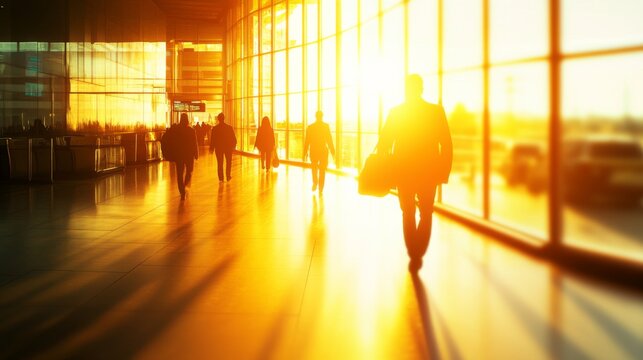 Evening Light in an Airport Terminal with Silhouetted Figures