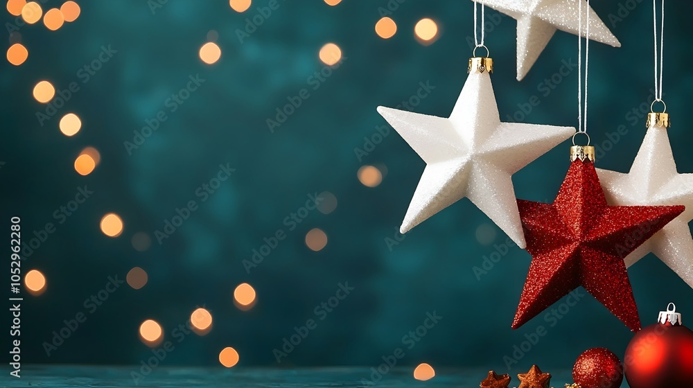 Aufkleber suspended red and white stars hanging on strings with a dreamy bokeh light effect creating a festive