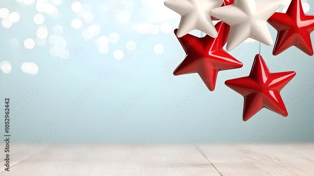 Aufkleber Floating red and white star shaped suspended against a soft blurred bokeh background creating a dreamy celebratory atmosphere to commemorate the arrival of the new year