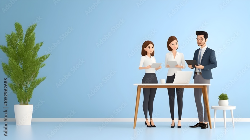 Poster A modern depicting a business team gathered around a desk reviewing charts and graphs symbolizing the concept of teamwork productivity and collaborative decision making within a corporate setting