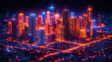 Neon Cityscape with Illuminated Skyscrapers and Streets