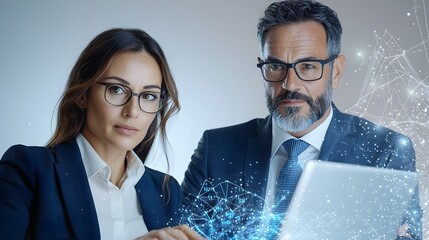 Businesswoman and Businessman Collaborating on Financial Data Analysis with Laptop in Vivid Watercolor Setting Capturing Modern Finance Trends and Insights