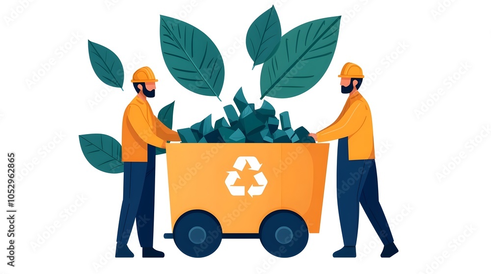 Poster factory workers expertly managing a sustainable waste recycling process utilizing cutting edge equip